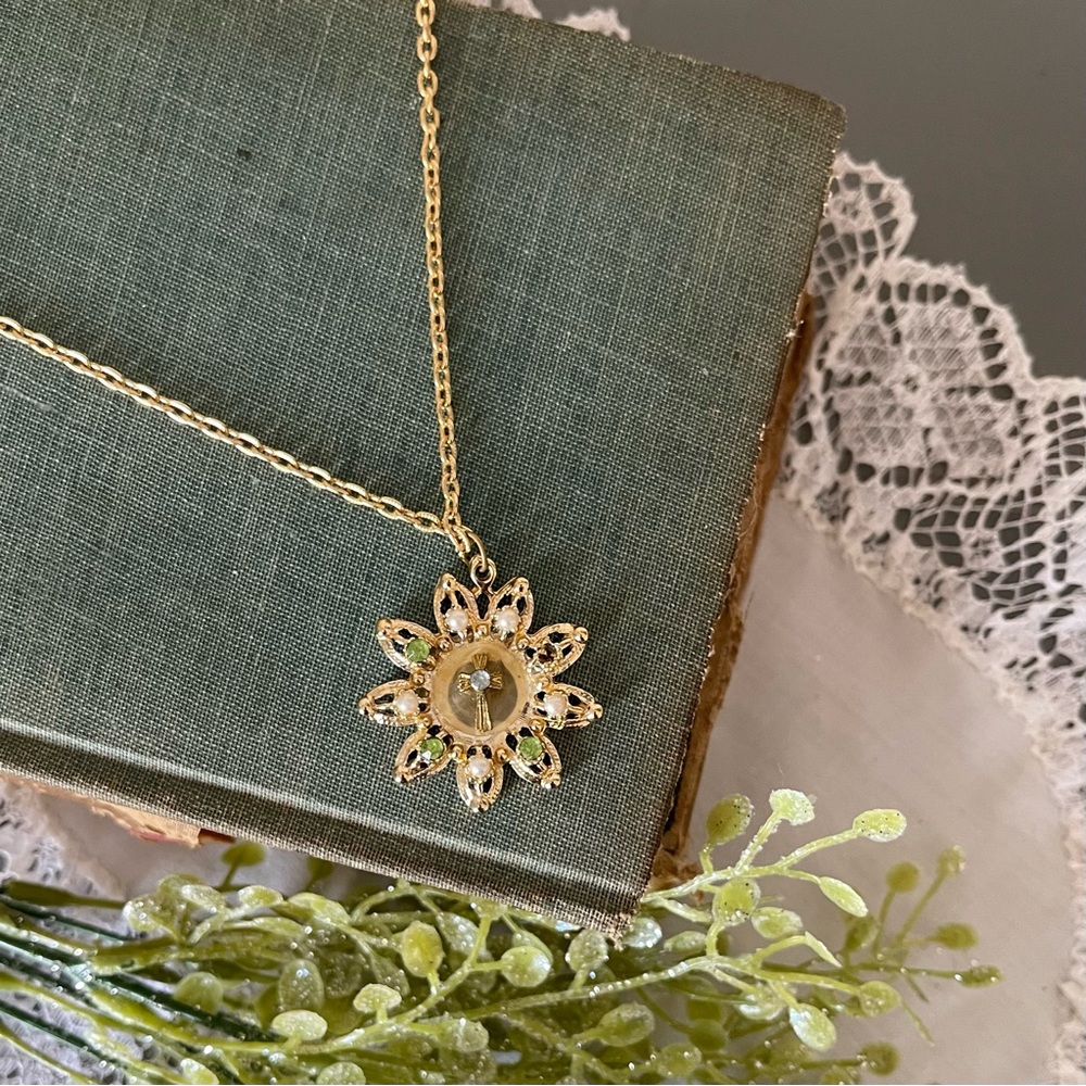 Vintage Avon flower with cross in the middle necklace, gold flower pendant